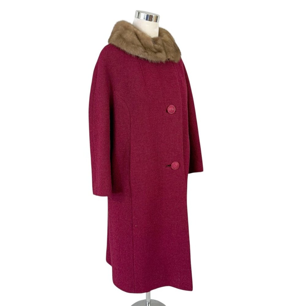 Shagmoor Red Wool Tweed Coat Beige Mink Collar May Co Size Medium Vintage 1960s